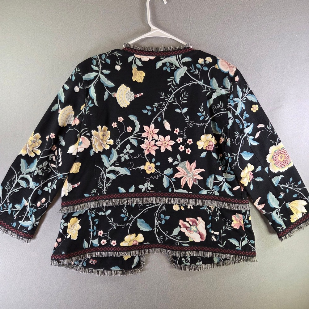 Loft Black Floral Fringe Open Front Jacket 14 Botanical Tapestry Boho Artsy - Picture 5 of 6